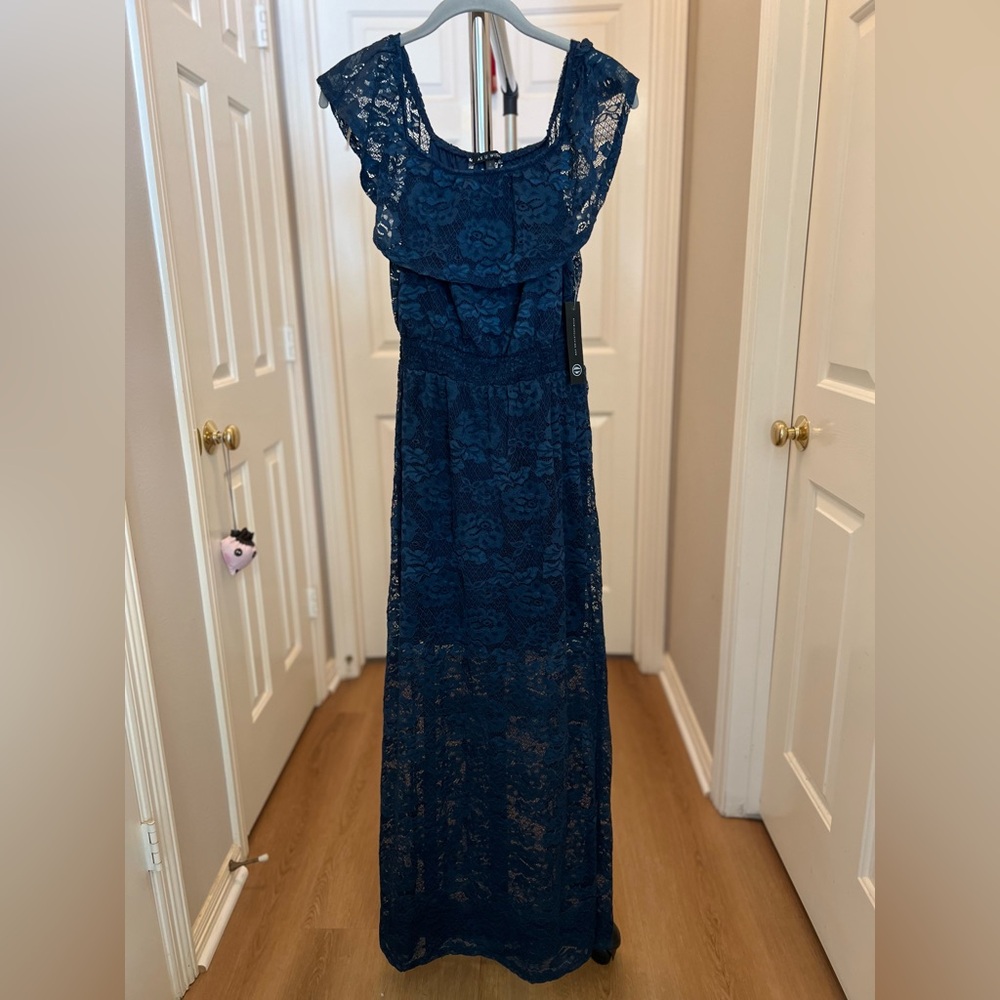 Navy Lace Maxi Dress with Sheer Overlay (Prom, Graduation, Wedding Guest)